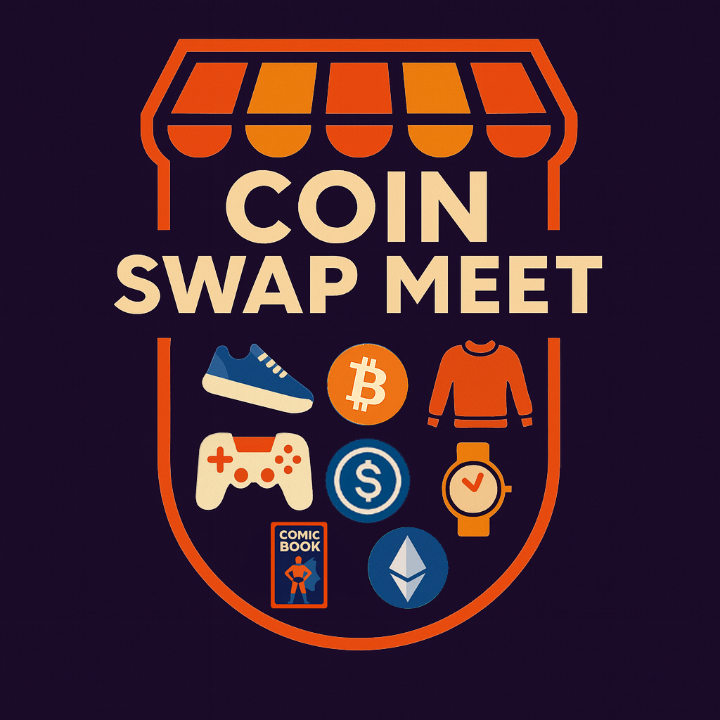 Coin Swap Meet logo conveying a marketplace turning crypto into tangible goods for collectors and enthusiasts worldwide